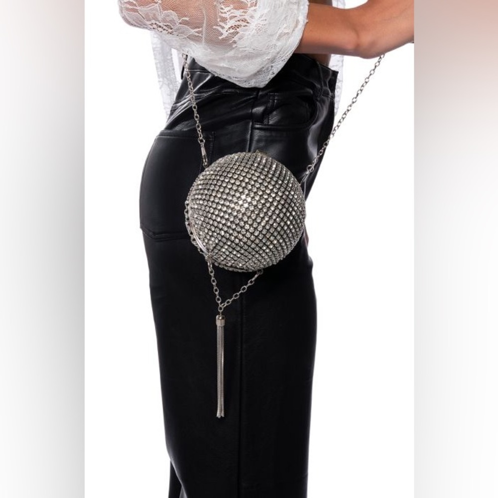 HEAR ME OUT RHINESTONE SPHERE BAG IN SILVER (NWT)